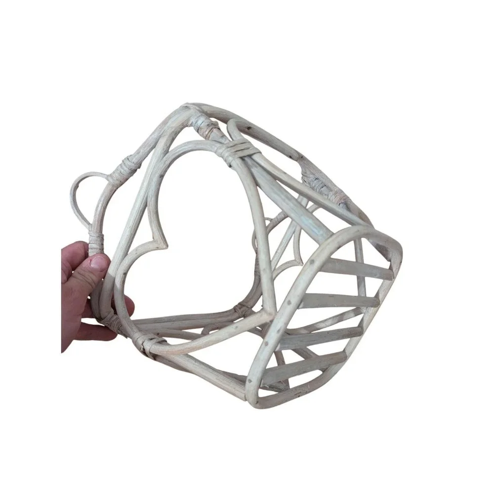Vintage Whitewashed Rattan Bamboo Basket Heart Cutout‎ Boho Cottagecore Decor